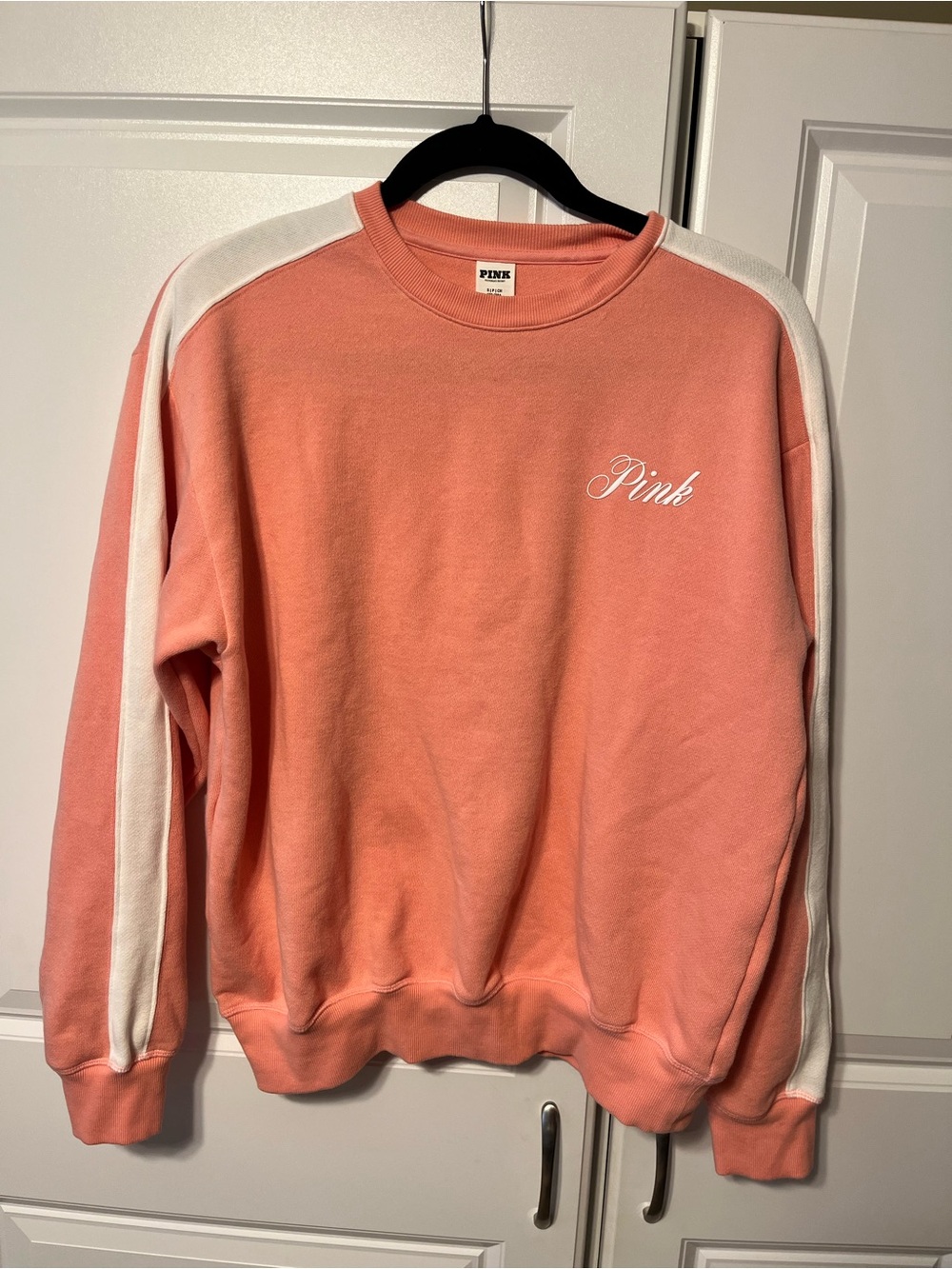 PINK Victoria's Secret Coral Crewneck Sweatshirt with White Stripes-S